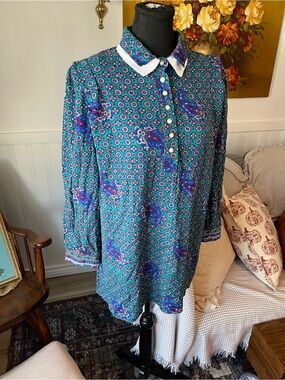Shirley K. Vintage Teal Paisley Print 3/4 Button-Up Blouse Shirt - Size 1X